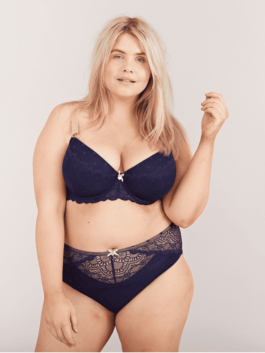 Navy Padded Balconette Bra with Elegant Spot and Lace Detailing – Oola  Lingerie Store